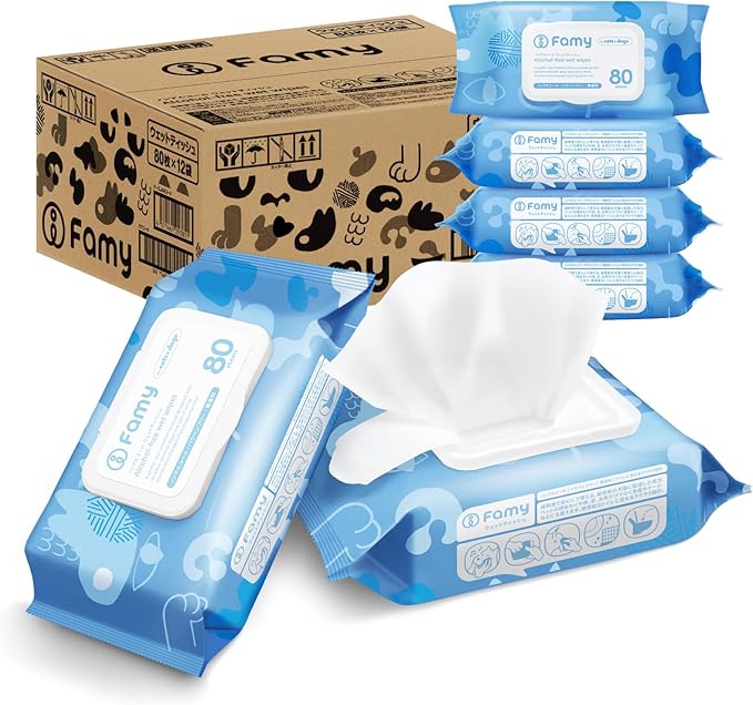 Famy Pet Wet Wipes 80 Sheets × 12 Packs (Total 960) — Thick, Flip-Top Lid, 99.8% Pure Water, Alcohol-Free, Fragrance-Free, Additive-Free, Flushable, Lick-Safe, for Dogs & Cats