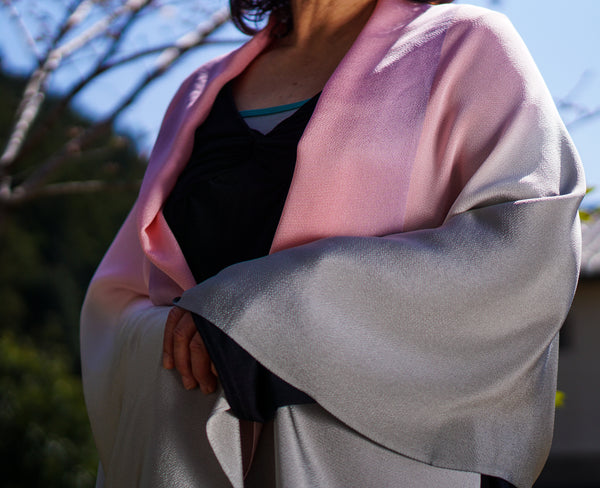 Hand-Dyed Silk Chirimen Shawl - Grey/Cherry Blossom