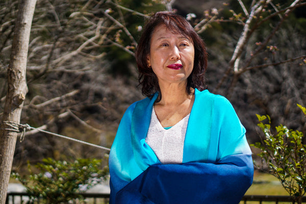 Hand-Dyed Silk Chirimen Shawl - Turquoise/Navy Blue