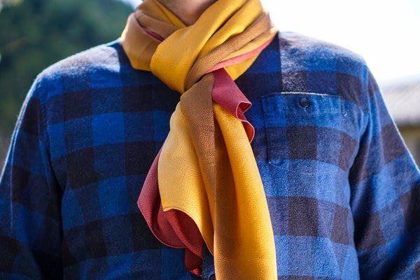 Hand-Dyed Silk Chirimen Shawl - Ochre/Chestnut Brown