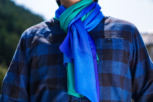 Hand-Dyed Silk Chirimen Shawl - Peacock Blue