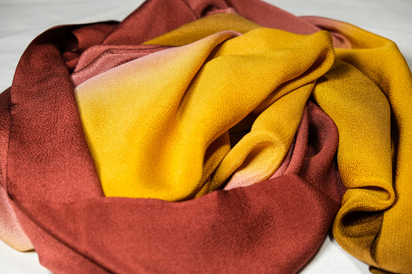 Hand-Dyed Silk Chirimen Shawl - Ochre/Chestnut Brown