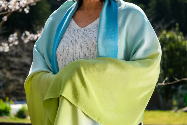 Hand-Dyed Silk Chirimen Shawl - Pear Green/Light Blue